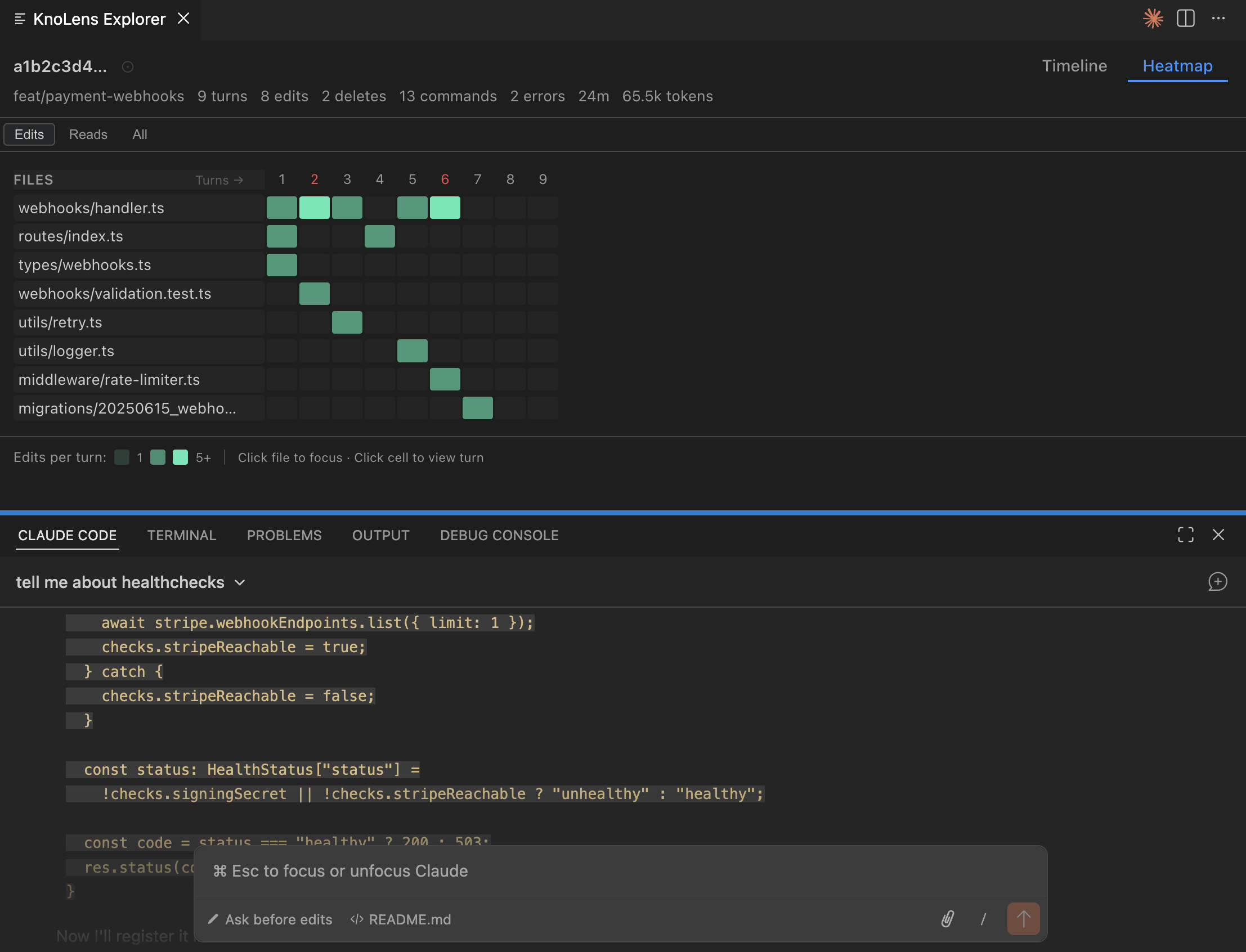 kno lens heatmap view — file edits across turns