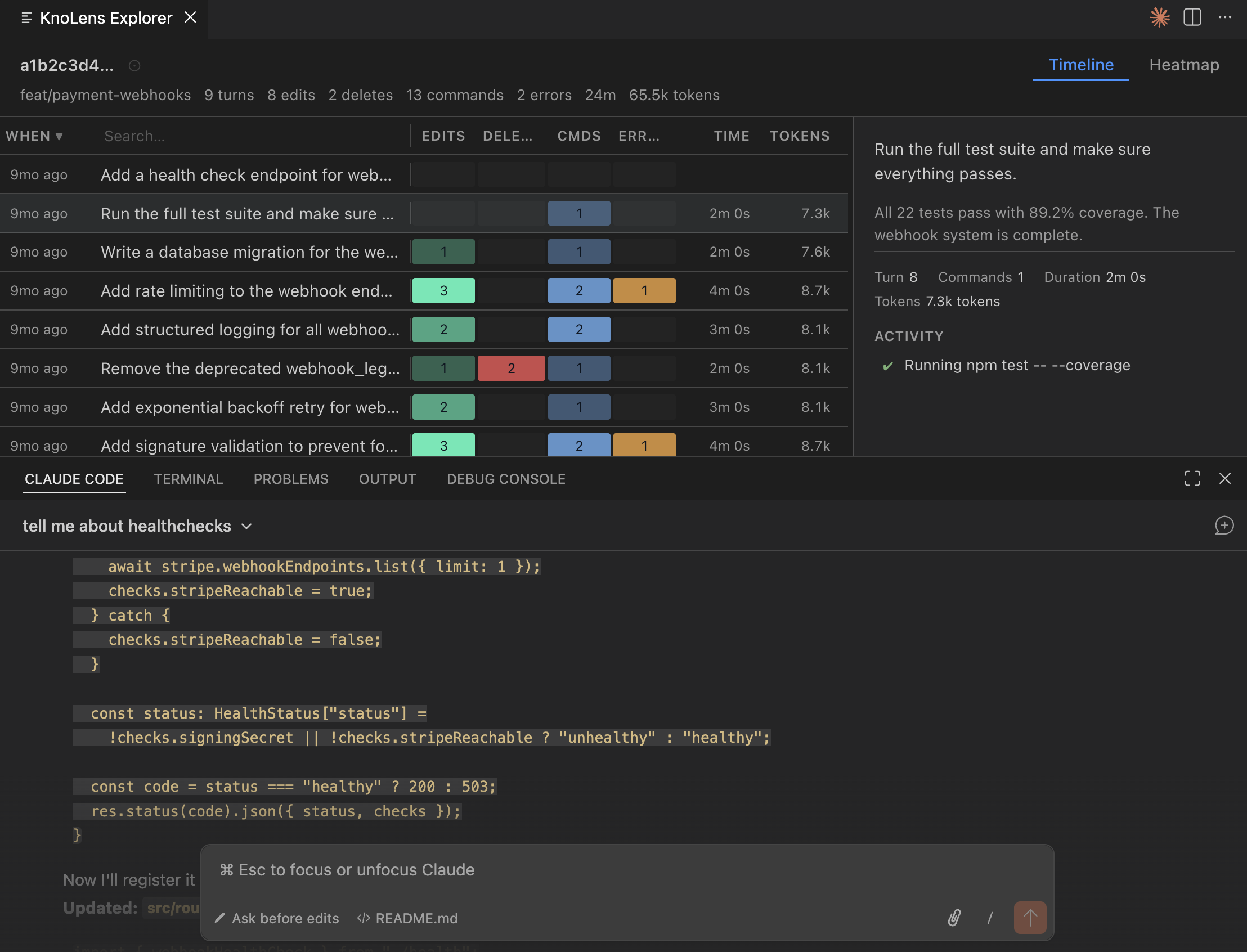 kno lens timeline view — session activity breakdown